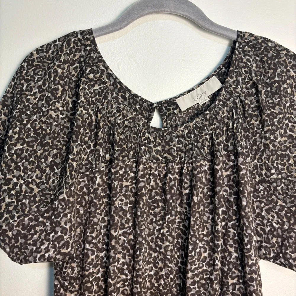 LOFT Leopard Print Blouse Small Puff Sleeve Rayon Blend Animal Print Peasant Top